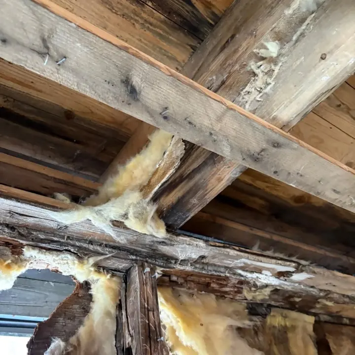 Renovering pågår — bjälklag öppnat inför ombyggnad — Premie Bygg